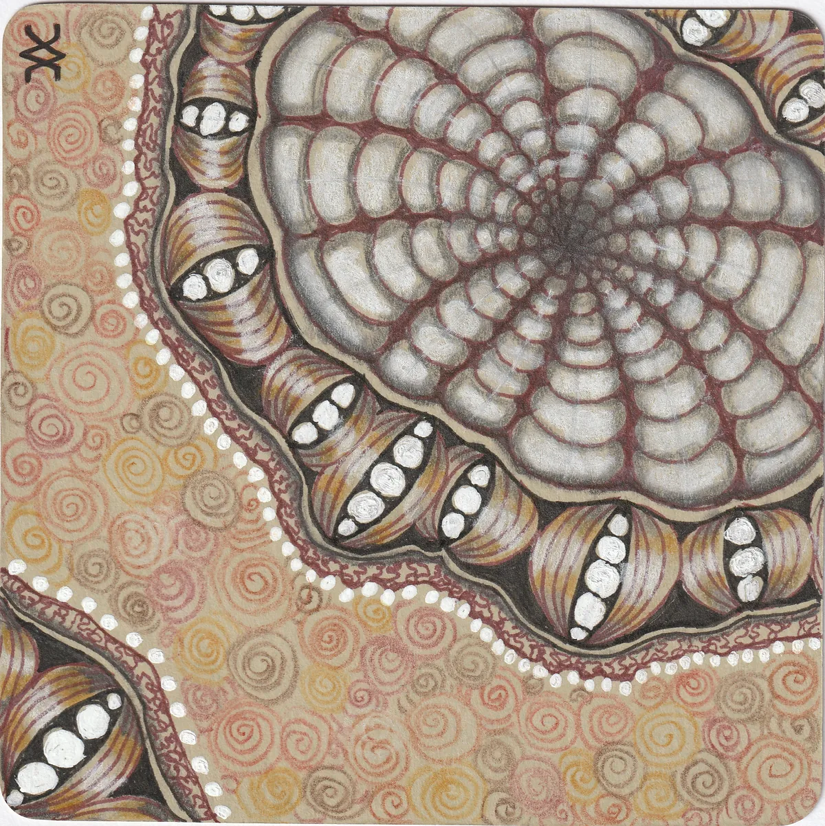 Tan-toned Zentangle tile with a spiralling shell pattern by Rashim Bhargava
