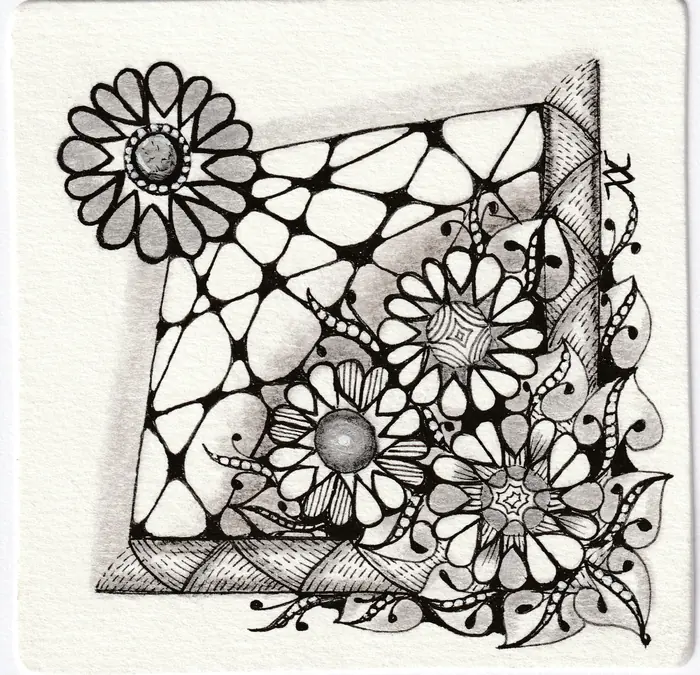 Black and white tile with OMNU flowers and woven tangles