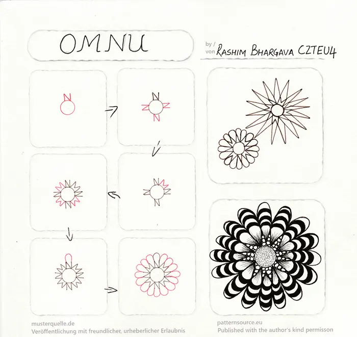 Hand-drawn OMNU step-out showing how the pattern builds into a flower