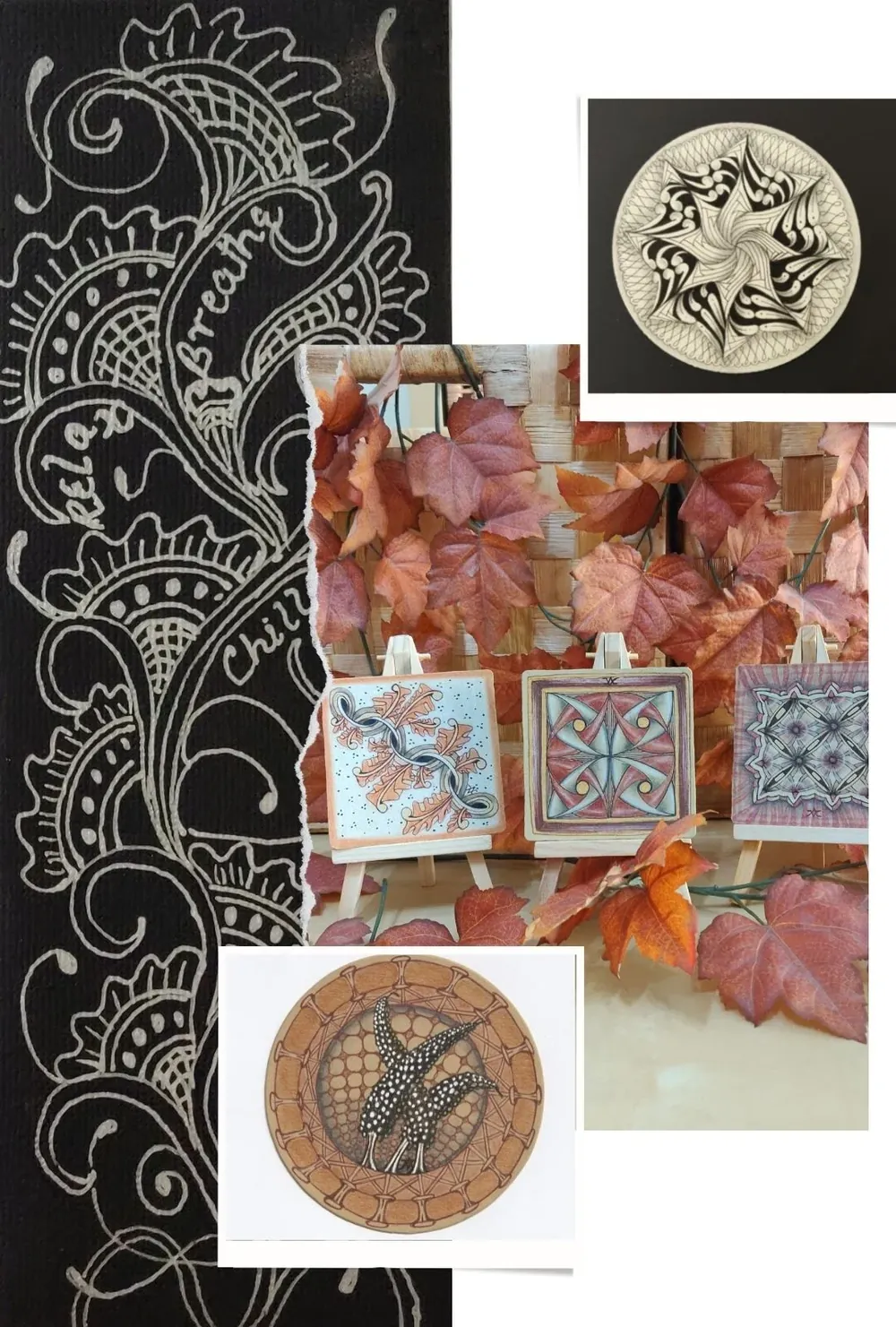A collection of Zentangle tiles, bookmarks and a round Zendala